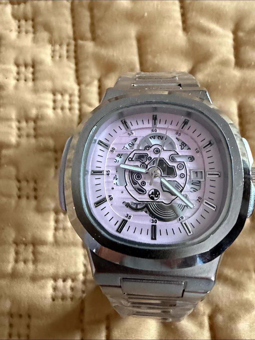 Silver Stainless Steel Watch With Pink Skeleton Dial
